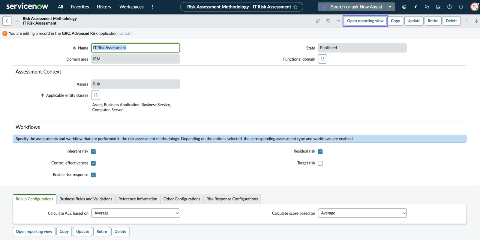 Open reporting view button the published RAM.