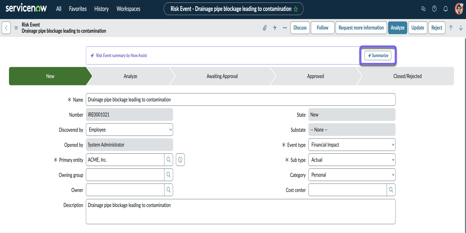 Generate risk event summarization button on the risk event record page.