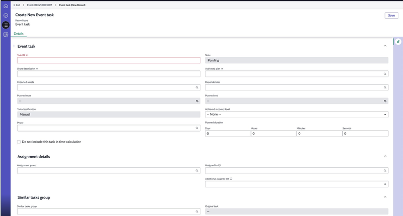Create New Event task form.