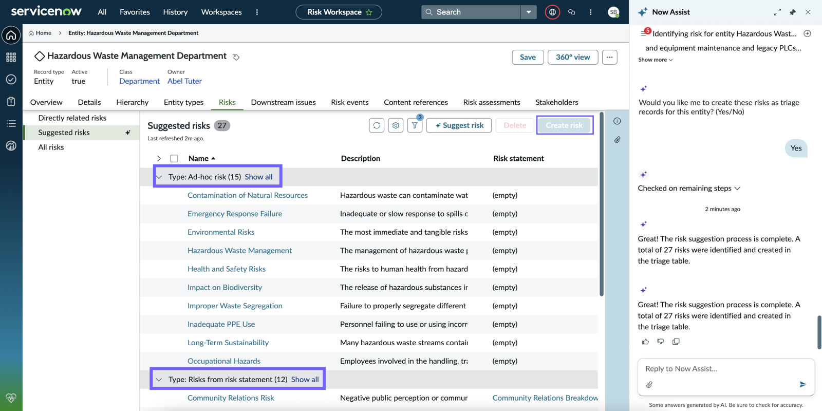 Suggested risk records