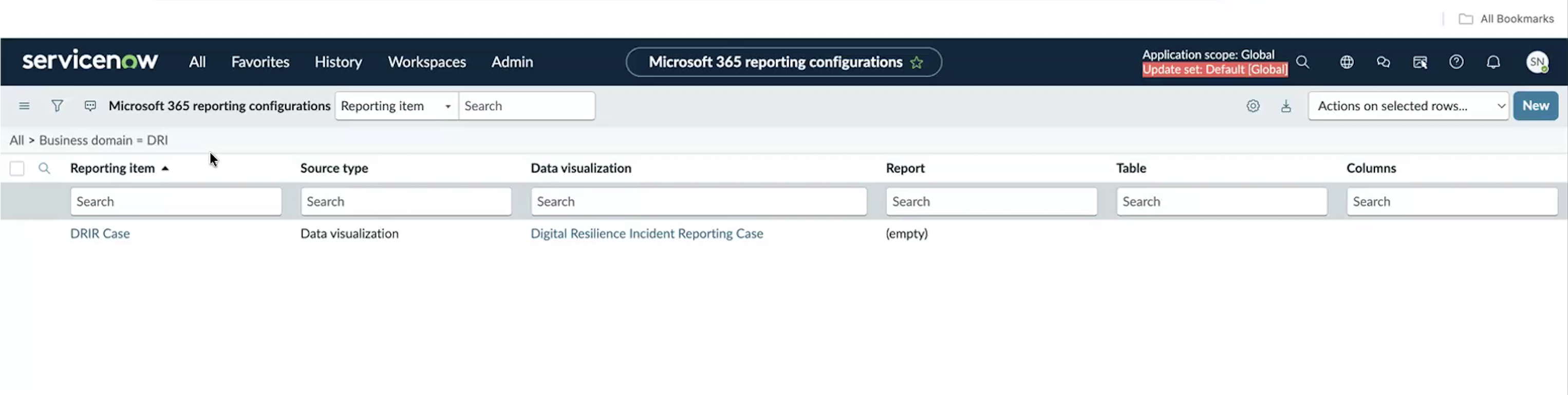 List view filtered to the DRI business domain, showing the predefined DRIR Case record.