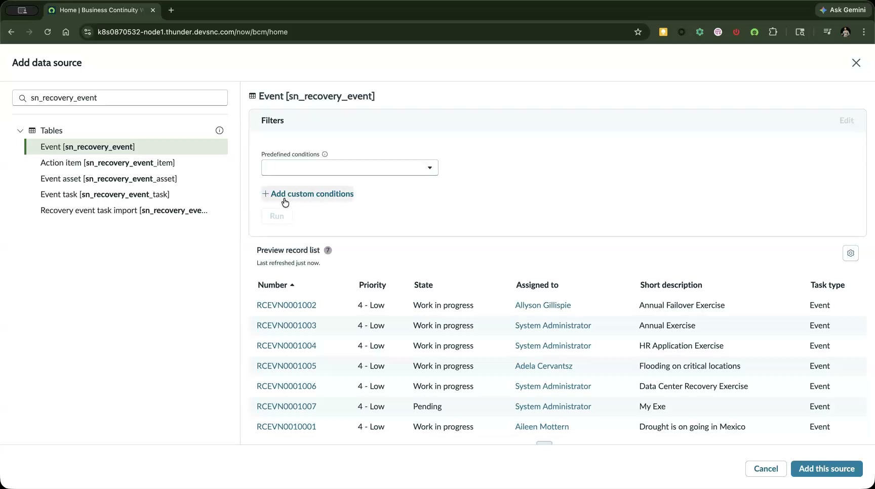 Add data source panel showing the Event table selected as the data source for a new visualization.