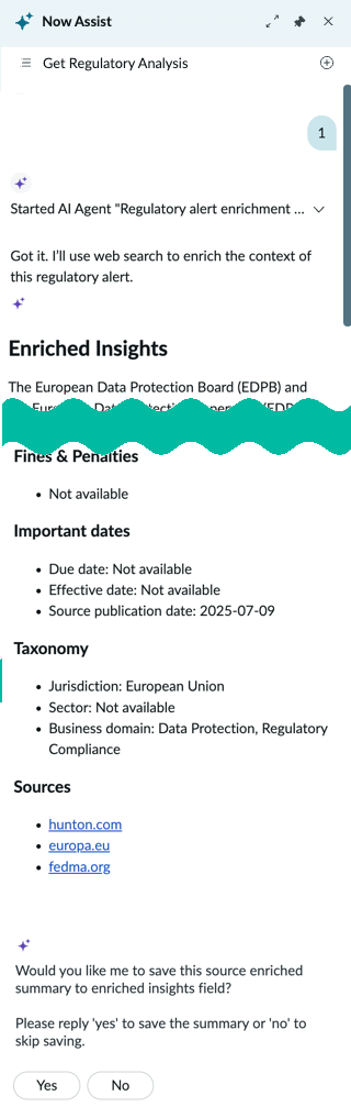 Details of agent enriching a regulatory alert in the Now Assist panel.
