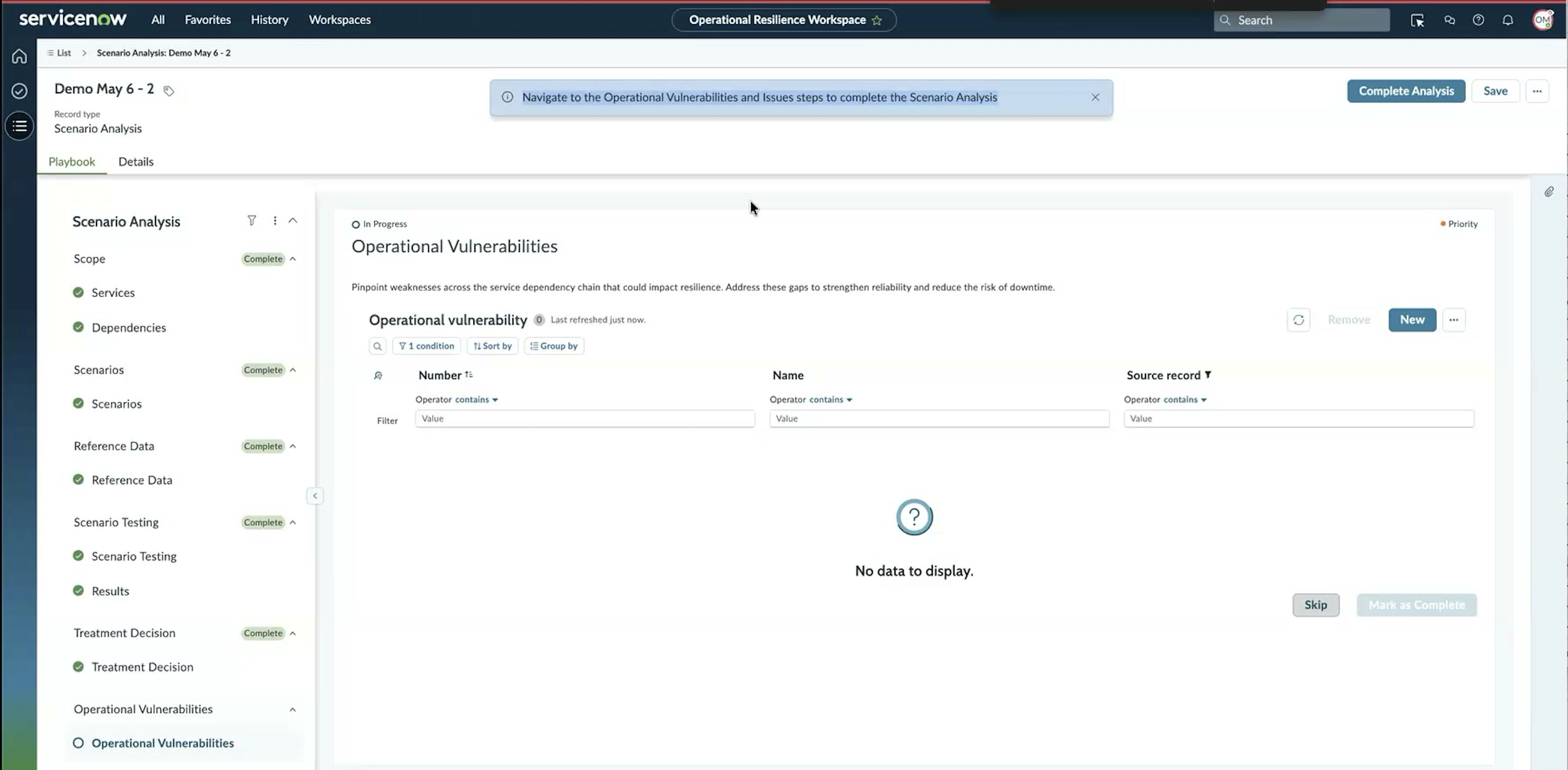 Scenario analysis record after Treatment Decision is marked complete, showing the navigation banner and the Complete analysis button.