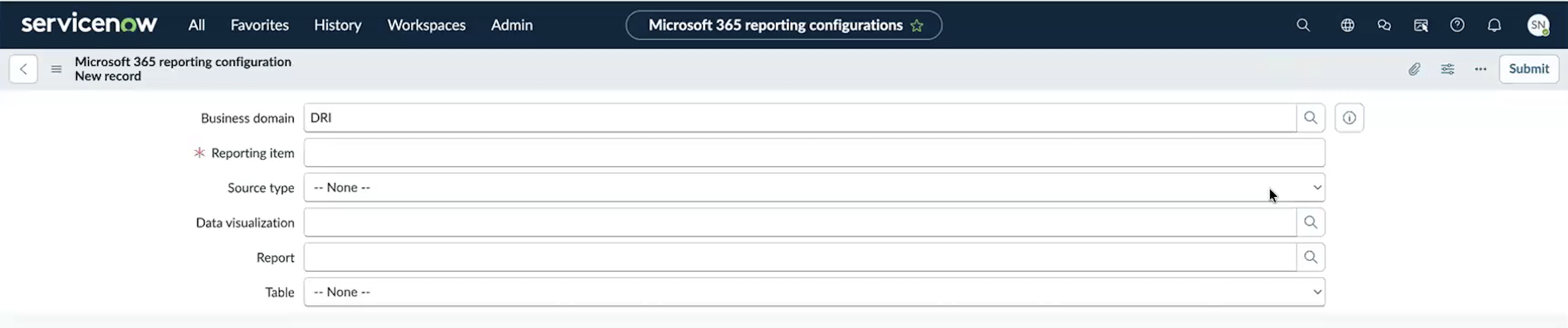 New Record form with the Business domain, Reporting item, Source type, Data visualization, Report, and Table fields.