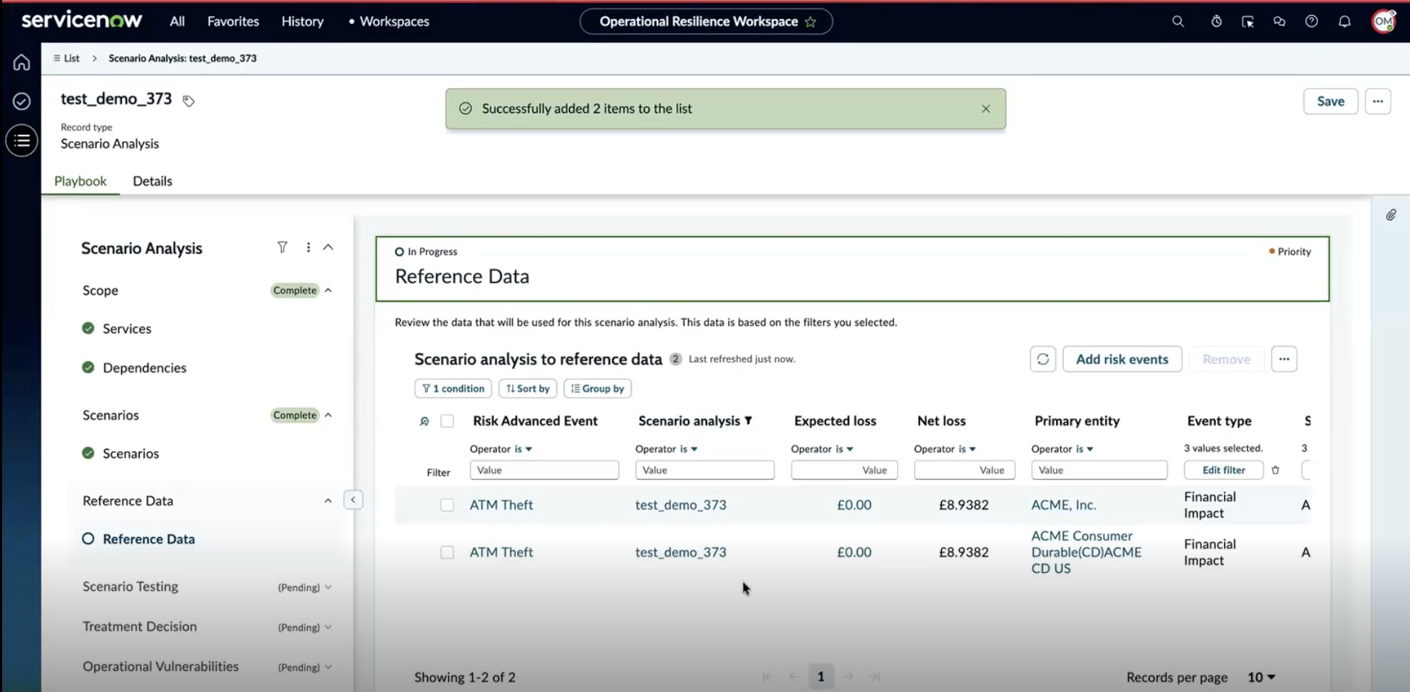 Risk events selection dialog with two rows checked ('Unauthorized marking down prices…' and 'Disputes related to the improper conclusion and developments contracts…') and the Add button enabled.
