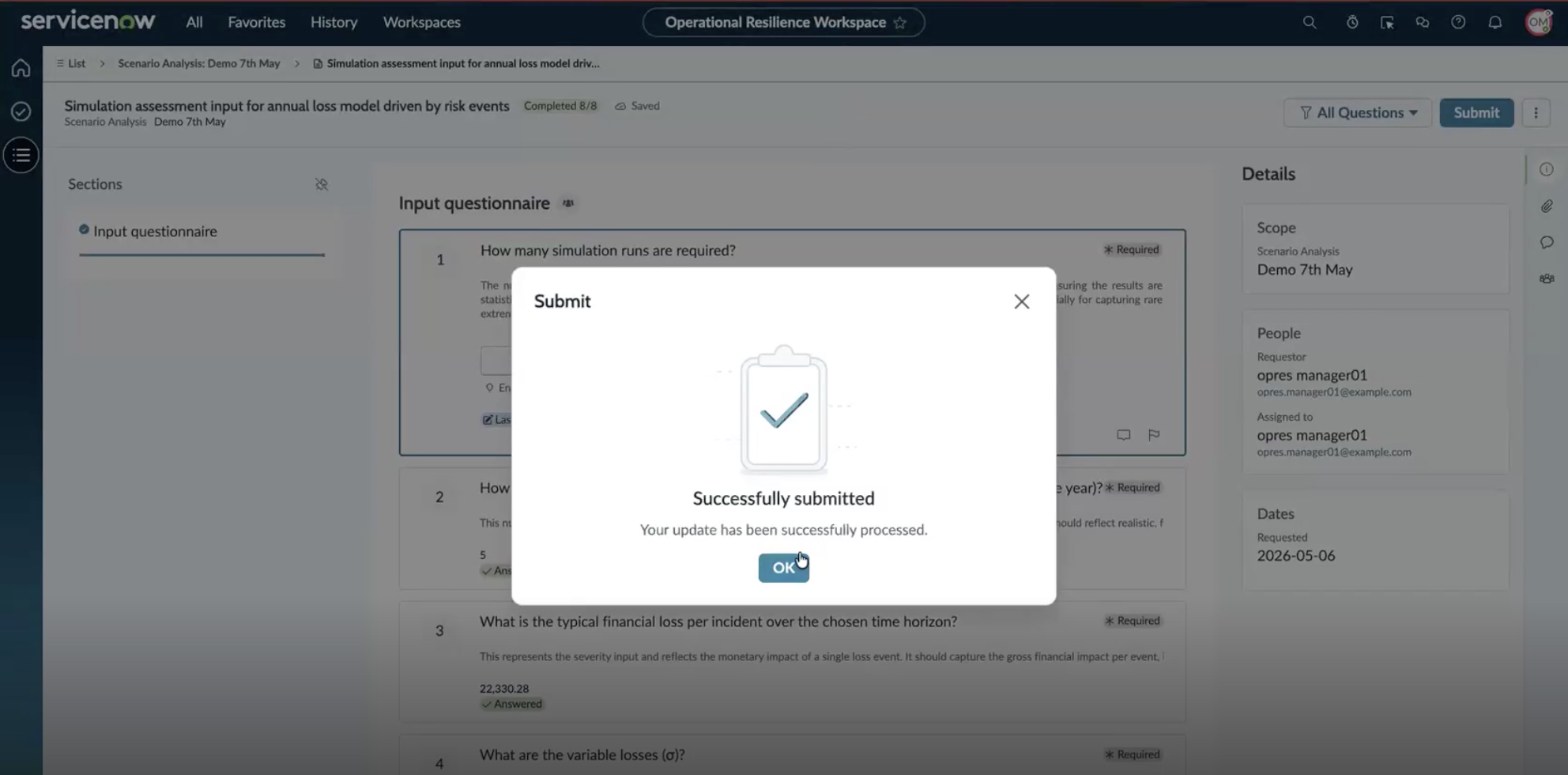 Success dialog with a green check mark and the message 'Successfully submitted. The sample has been successfully processed.'