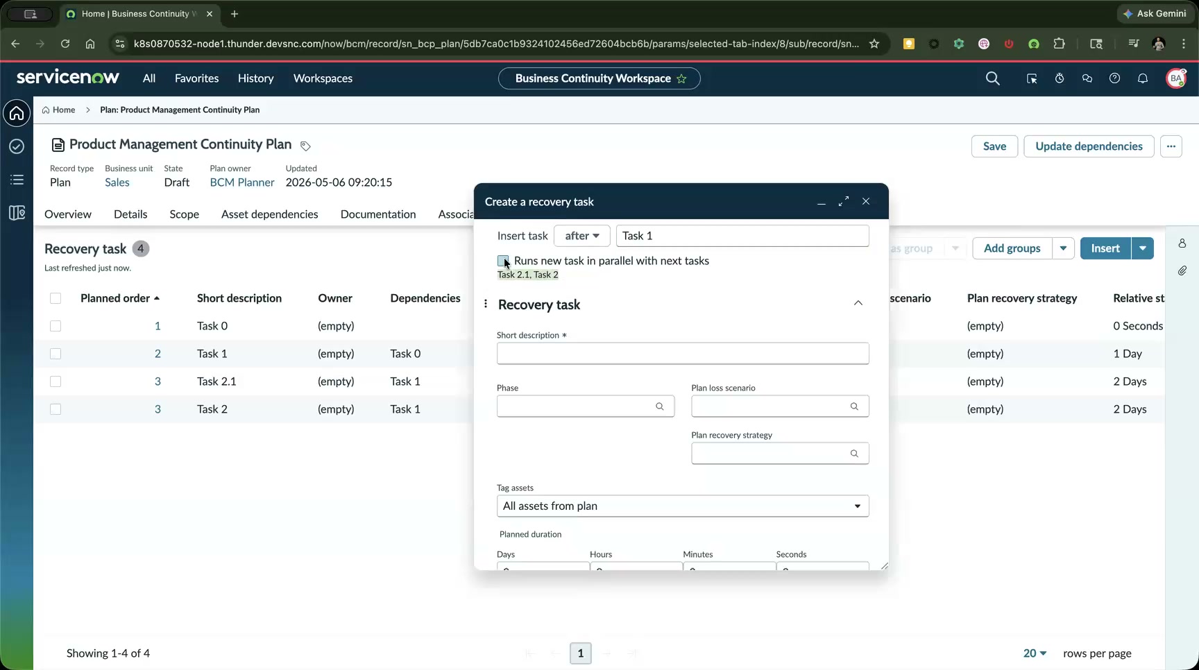Modal shows "After" selected, Task 1 as the reference, and the parallel check box checked — with Task 2.2 listed as running alongside Task 2.1 and Task 2.
