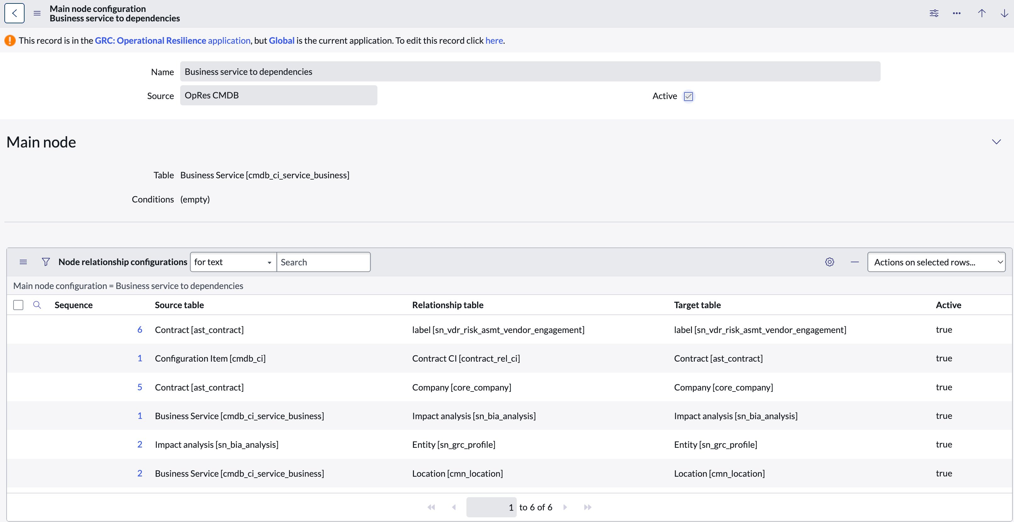 Business service to dependencies Main node configuration.