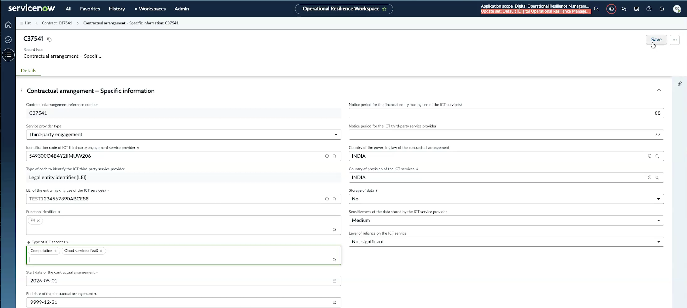 ICT service supply chains tab on a contract record listing existing supply chain entries.