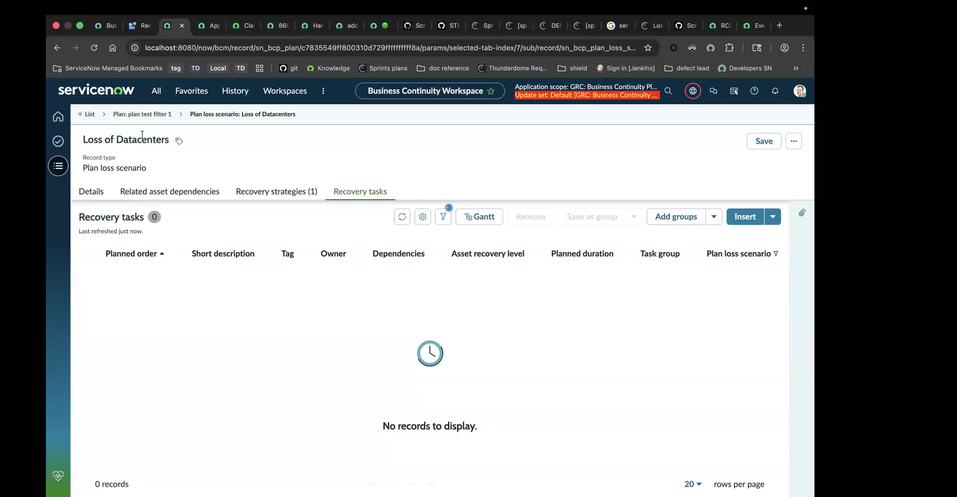 Recovery tasks tab on a loss scenario record showing the Task group and Plan loss scenario columns alongside Planned duration.