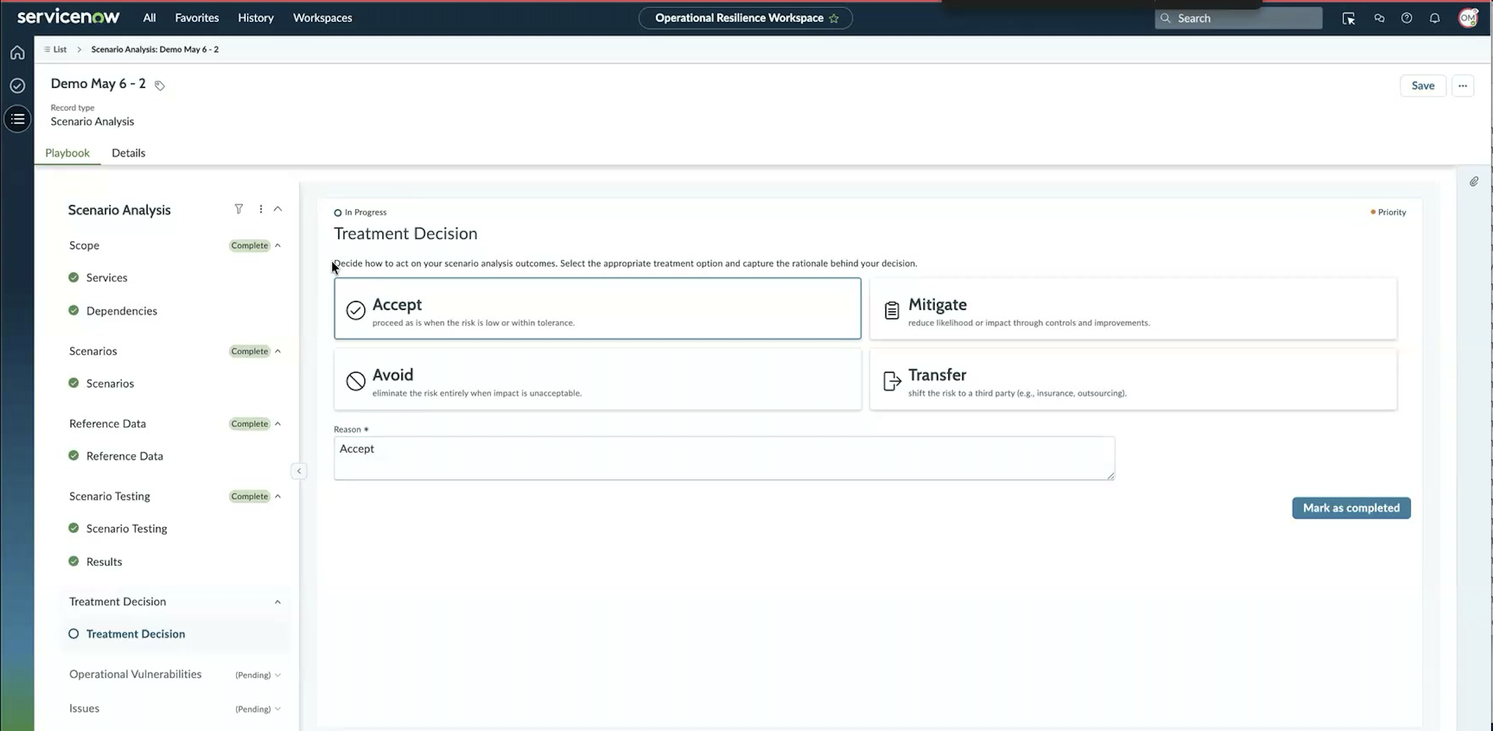 Treatment Decision step with four selectable cards — Accept, Mitigate, Avoid, Transfer — and the required Reason text field.