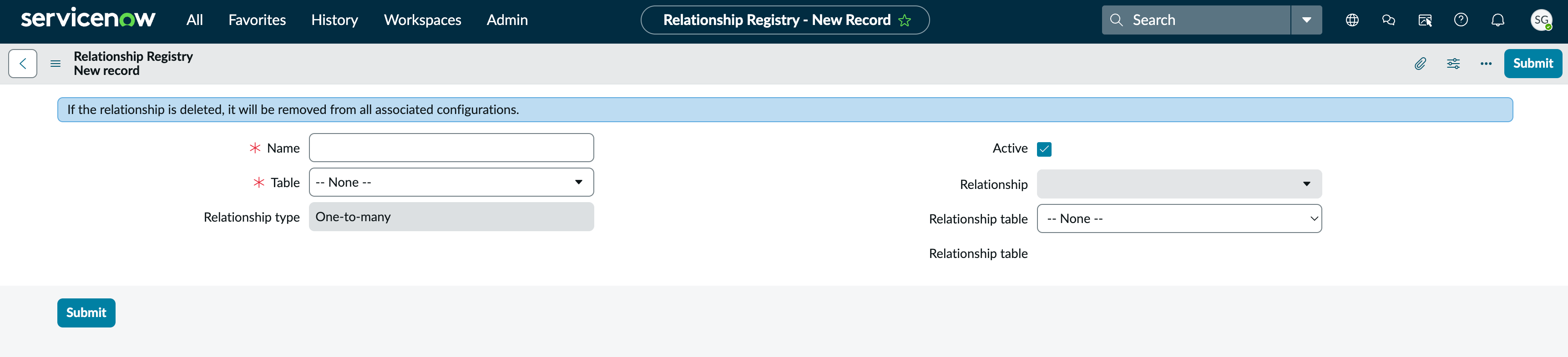 Relationship registry new record form.