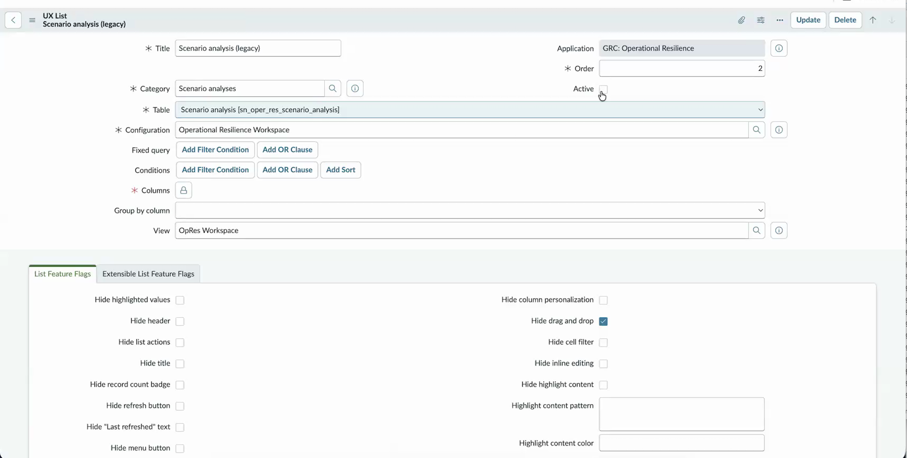 Active check box selected on the Scenario analysis (legacy) UX list record.