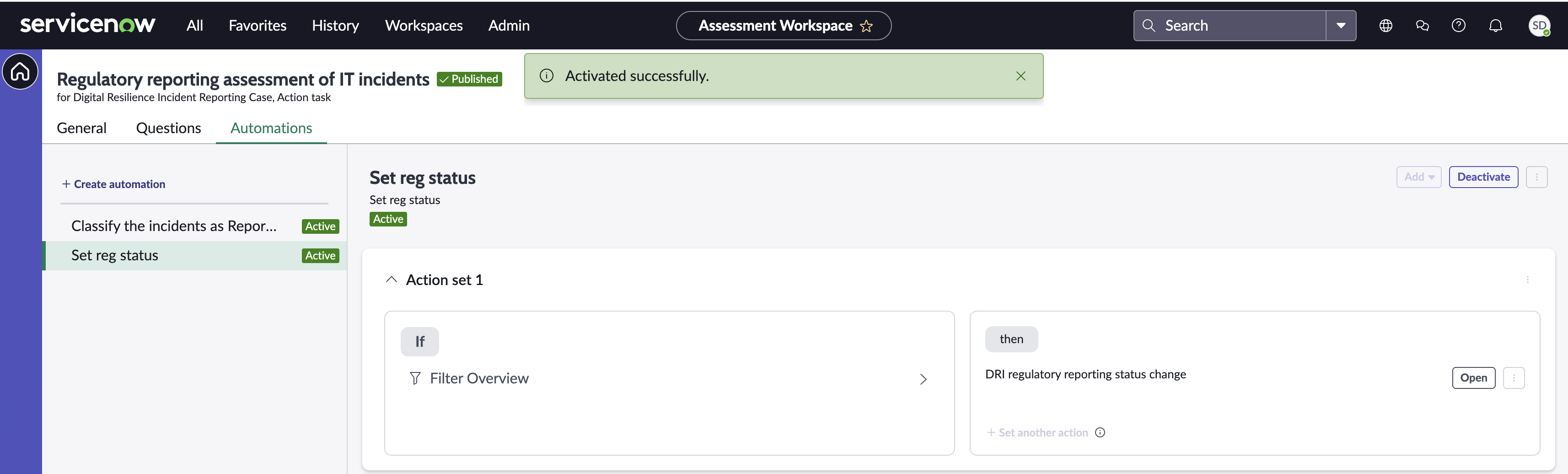 Activated automation displayed in the list on the Automations tab.
