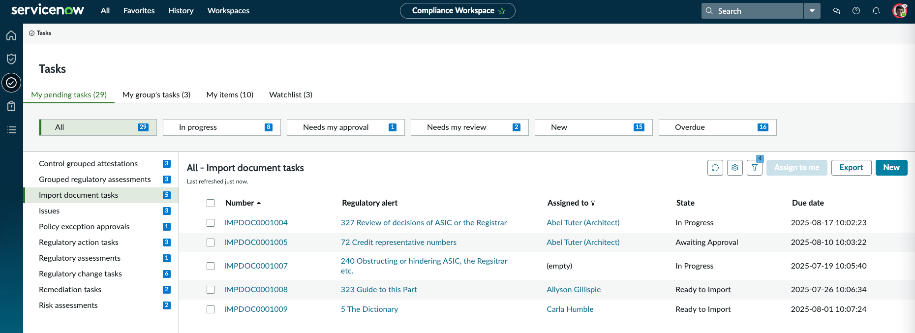 Tasks page in the Compliance workspace.
