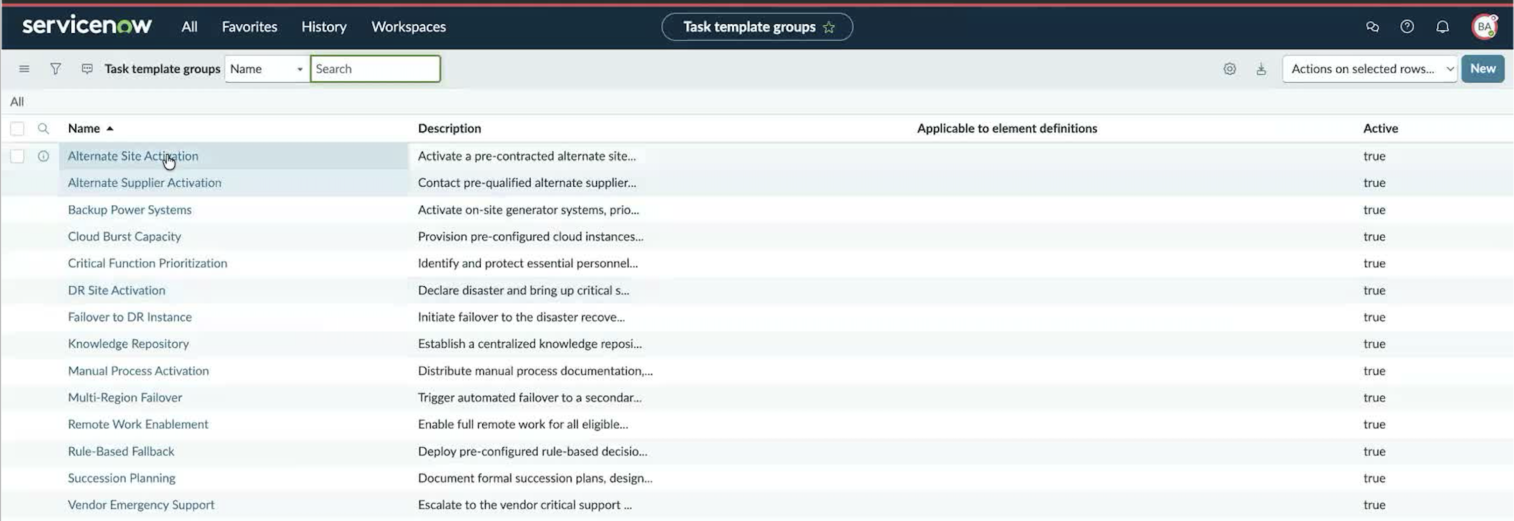 Task template groups list showing Applicable to element definitions and Active columns.