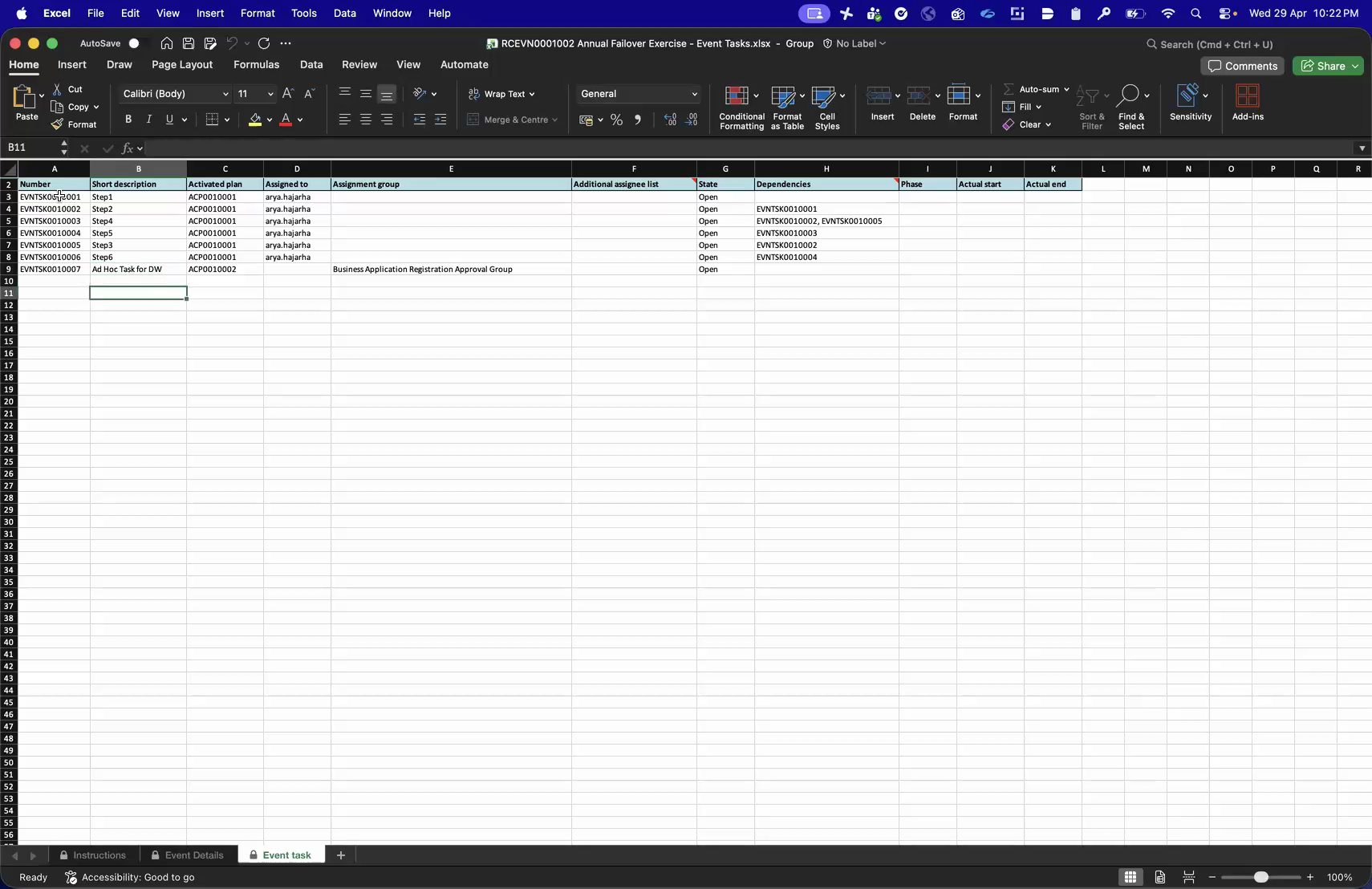 The Event tasks data sheet showing protected gray columns, a drop-down arrow on the State column, and a duplicate number highlighted in red.
