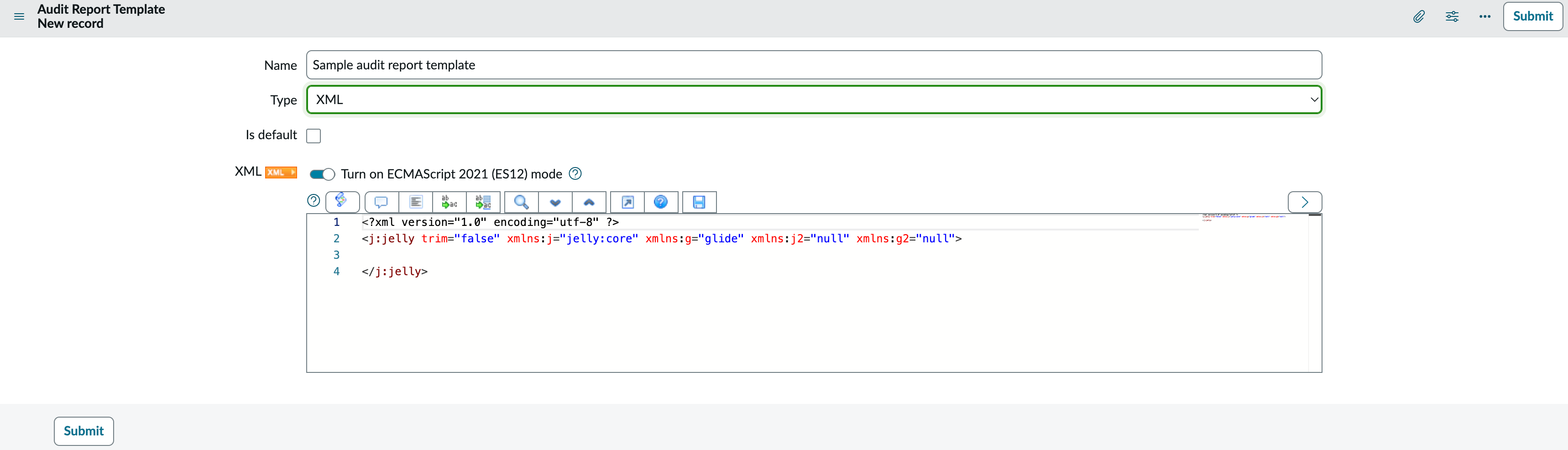 XML code for audit report template.