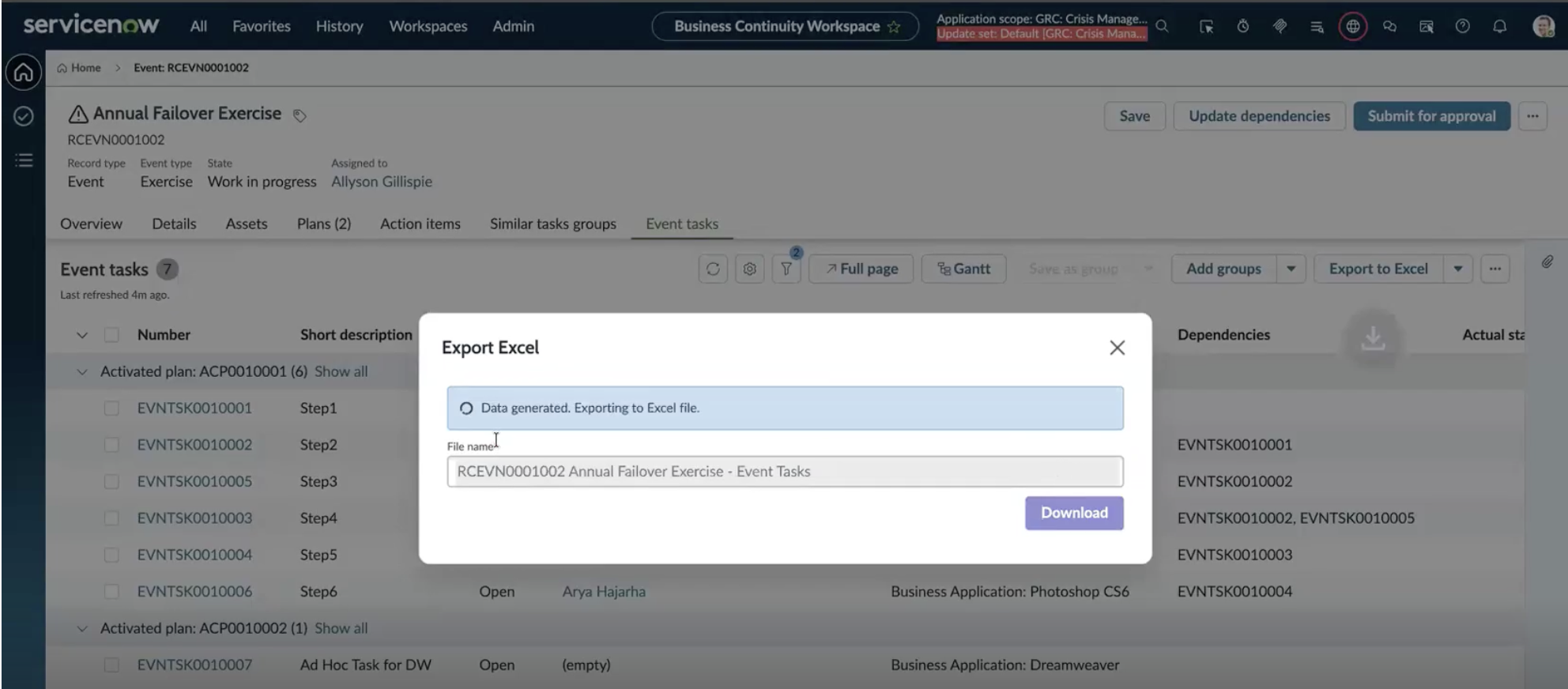 The Export Excel dialog showing the pre-populated file name and Download button.