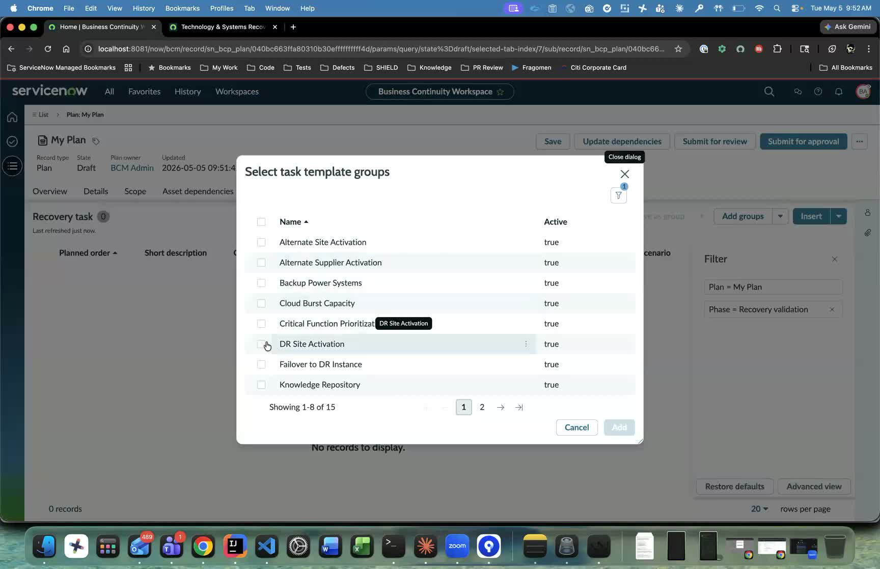 Select task template groups dialog with the Filter panel showing Plan and Phase chips.