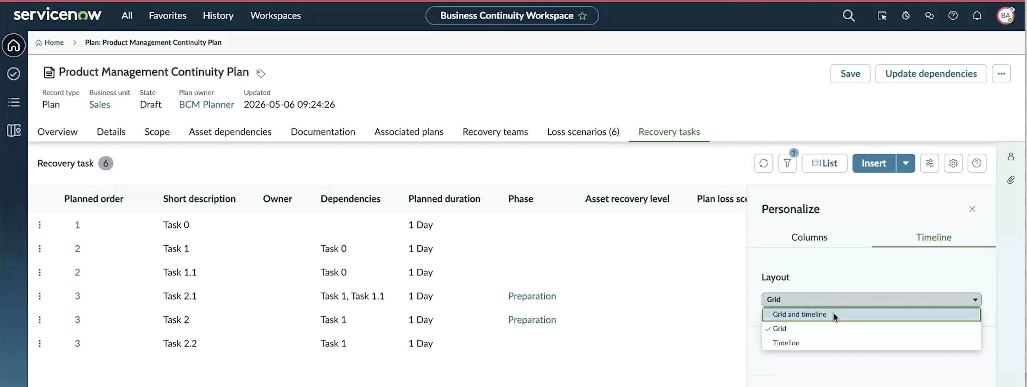 Personalize panel with the Timeline tab selected and the Layout drop-down expanded, showing Grid and timeline, Grid, and Timeline.