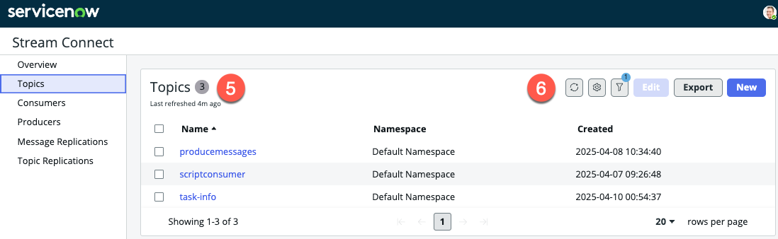 Interface utilisateur de la page Rubriques du tableau de bord Stream Connect.