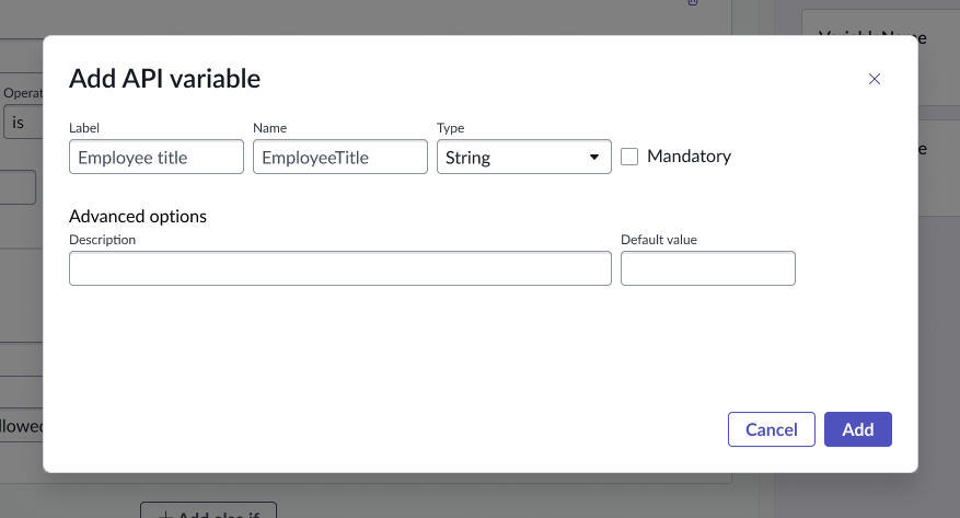 Create new API variable window.