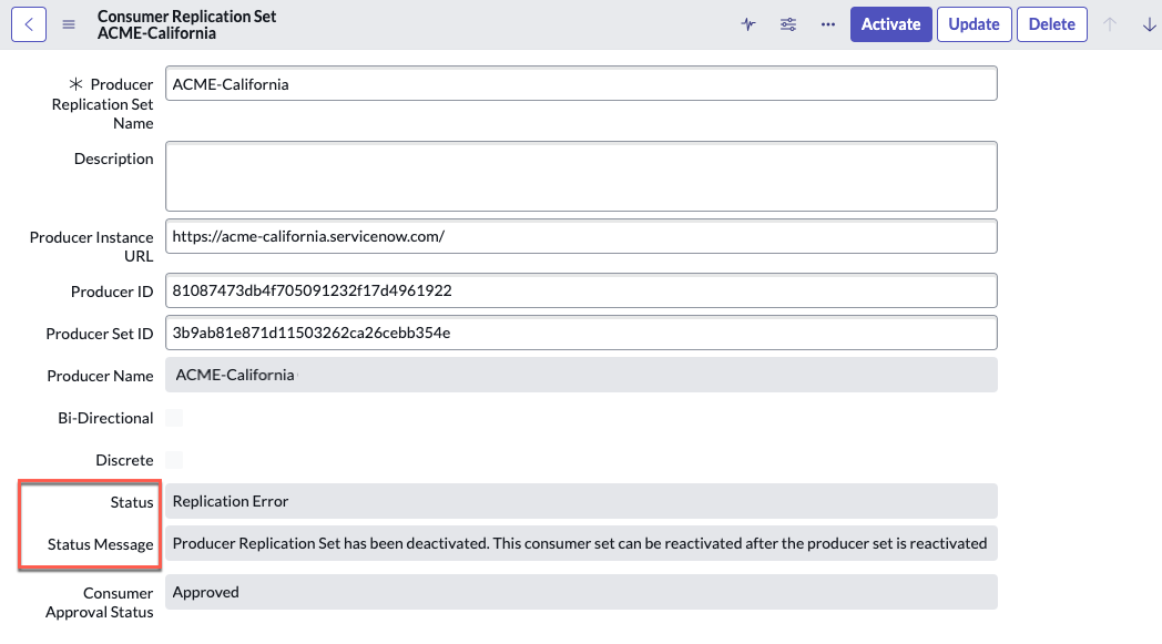 Consumer replication set status and messages.
