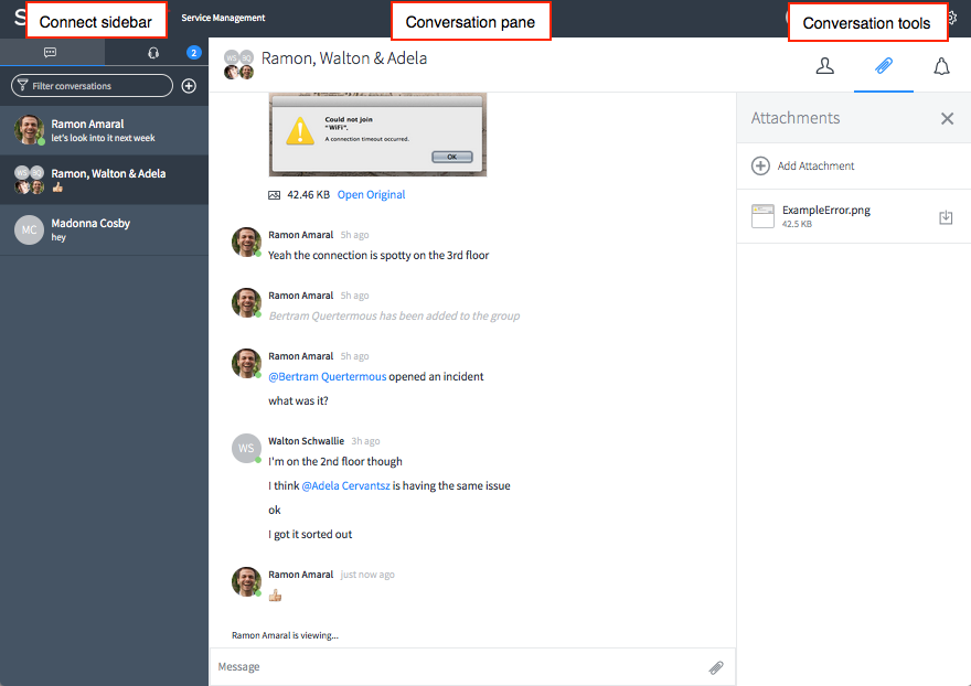 The Connect workspace contains the Connect sidebar, a conversation pane, and conversation tools