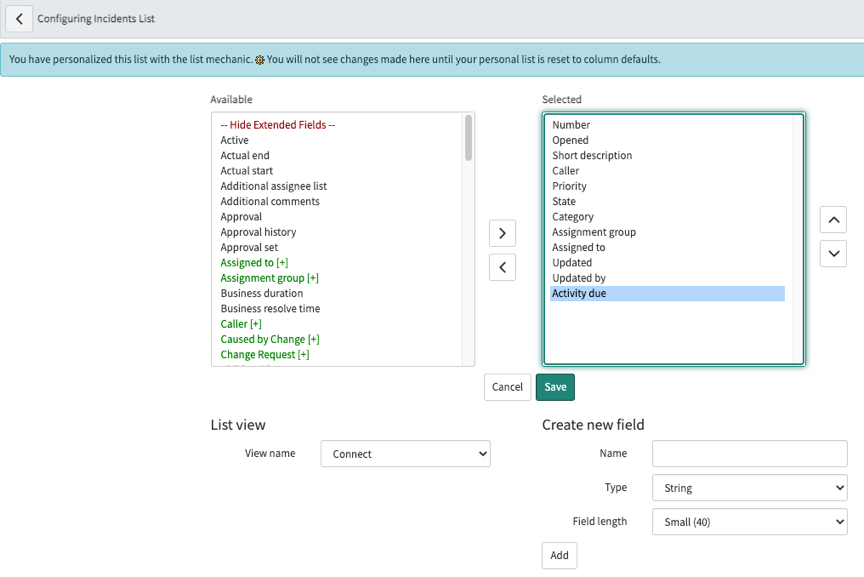 Screen shot of Configuring Incidents List