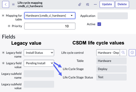 레거시 상태 값과 동등한 CSDM 수명 주기 스테이지 및 수명 주기 스테이지 상태 값 간의 매핑을 지정하는 매핑 규칙입니다.