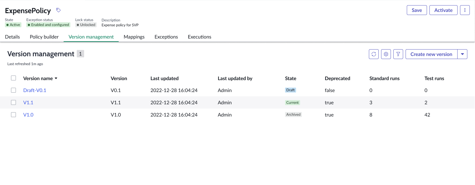 Create new version in Version management tab.