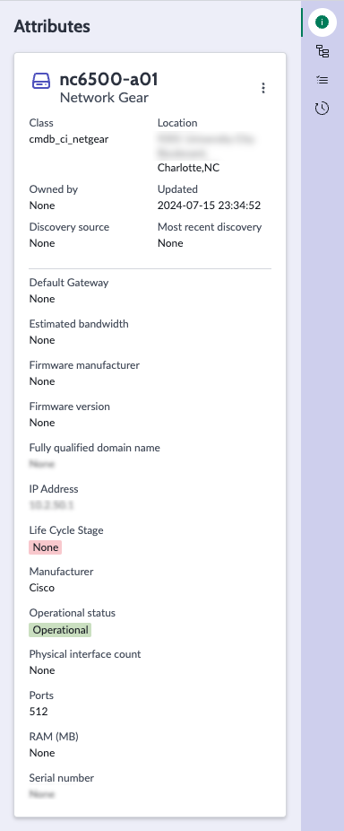 Attributes of the selected CI.