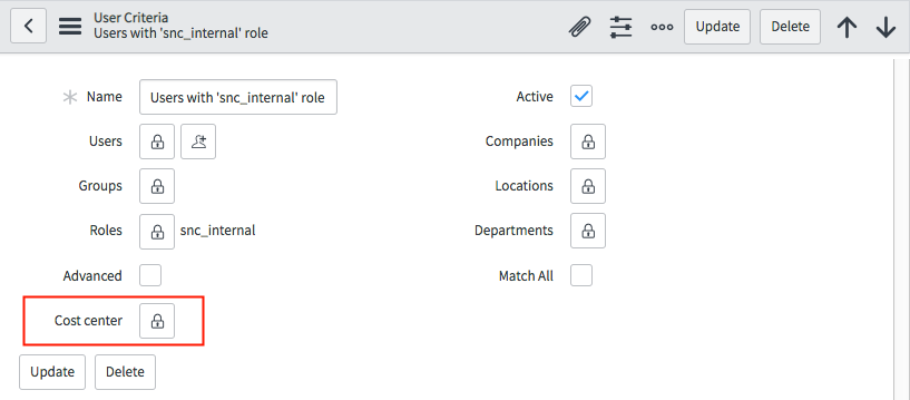 The Cost center field is in the user criteria record