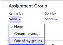 Die Liste Verfeinern nach unter der Aufgliederung der Zuweisungsgruppe in der Filterauswahl für die Aufgliederungsfilter für KPI-Details zeigt die Elementfilter „Von mir verwaltete Gruppen“ und „Eine meiner Gruppen“ an.