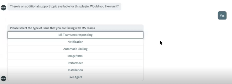 Virtual Agent janela de bate-papo mostrando suporte de diagnóstico e seleção de tipo de problema para o plug-in do Microsoft Teams.