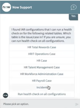 Você será solicitado a selecionar a tabela relacionada na qual deseja executar a verificação de integridade. Por exemplo, Casos de RH, Incidentes ou todas as tabelas configuradas.