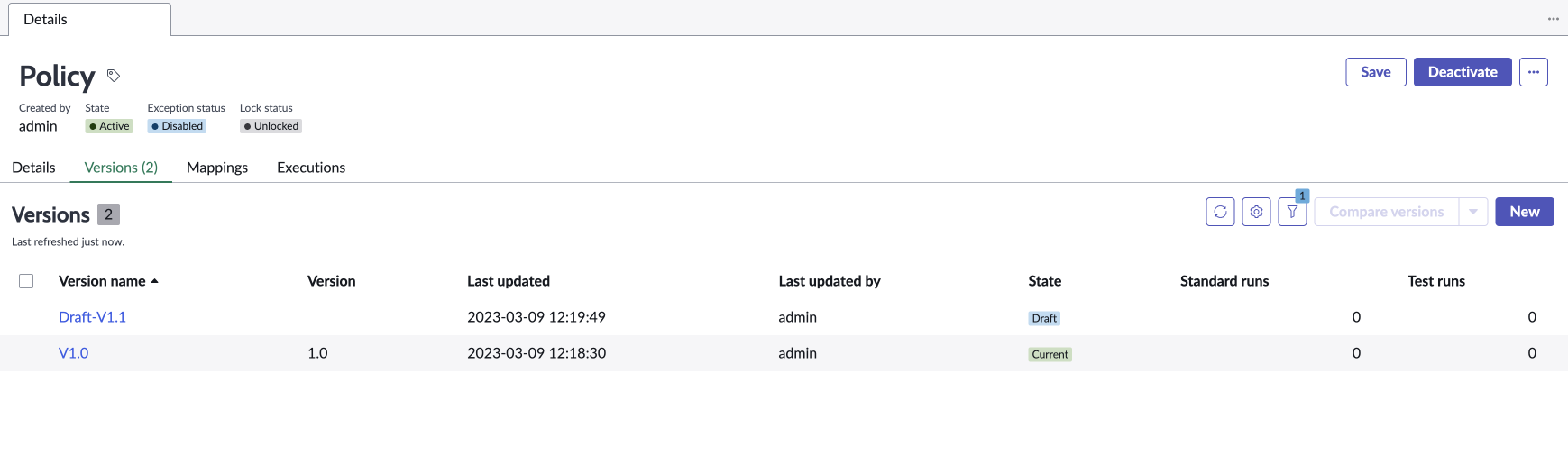 Versions tab.
