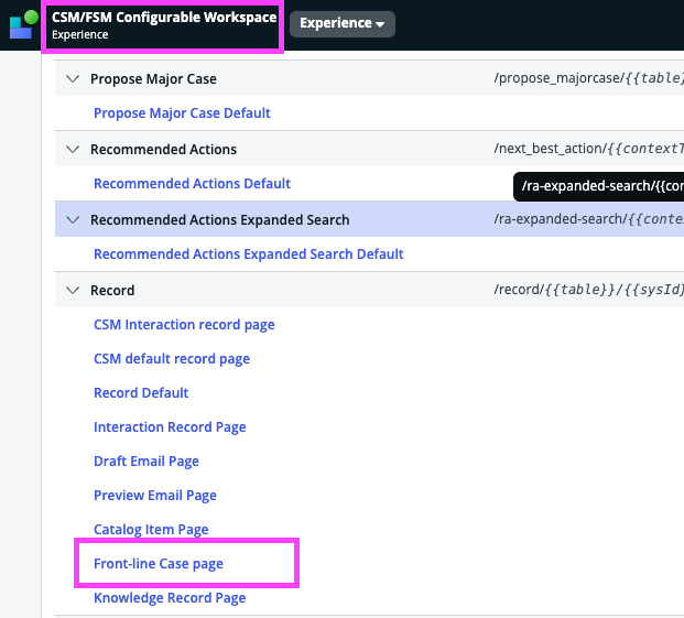 Emplacement de la page Ticket en première ligne sous l’espace de travail configurable CSM/FSM