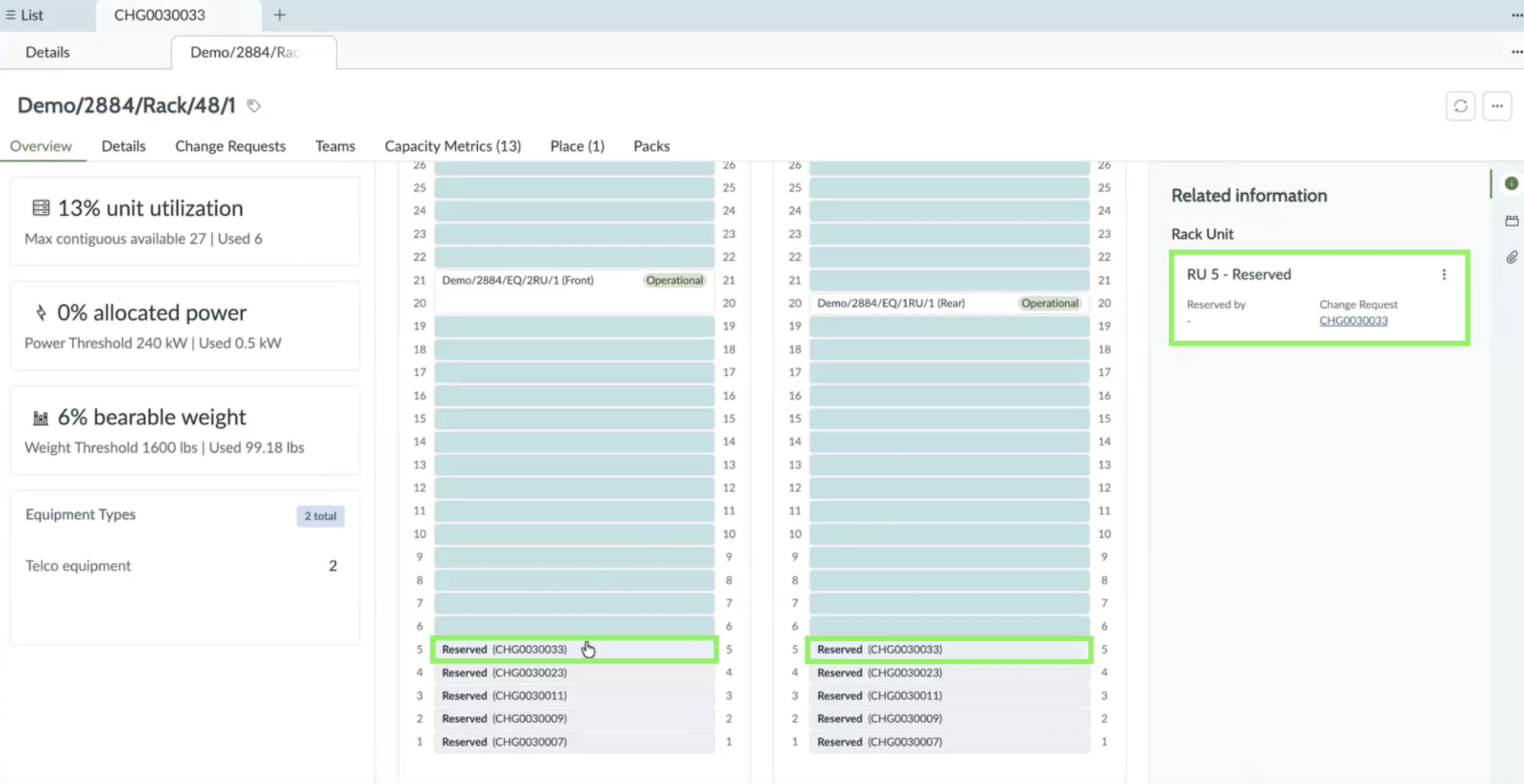 Reserved slots in the rack view showing the change request number