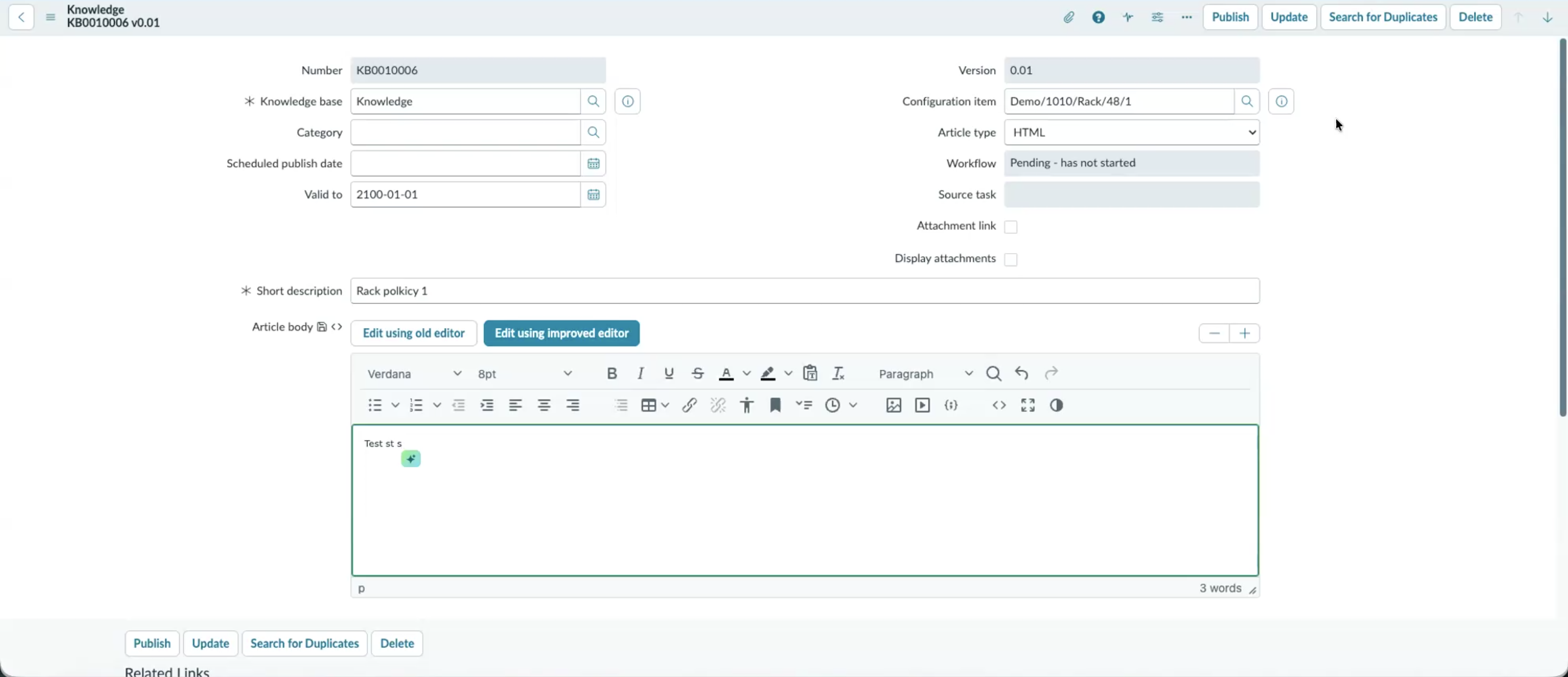 Knowledge article form with the configuration item field