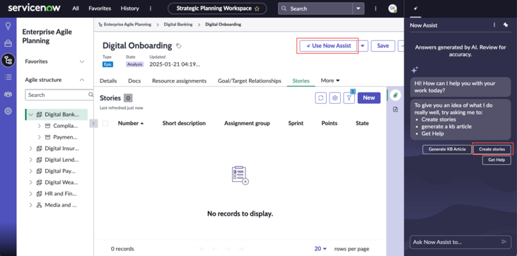 Now Assist-Bereich mit der Option zum Erstellen von Stories.