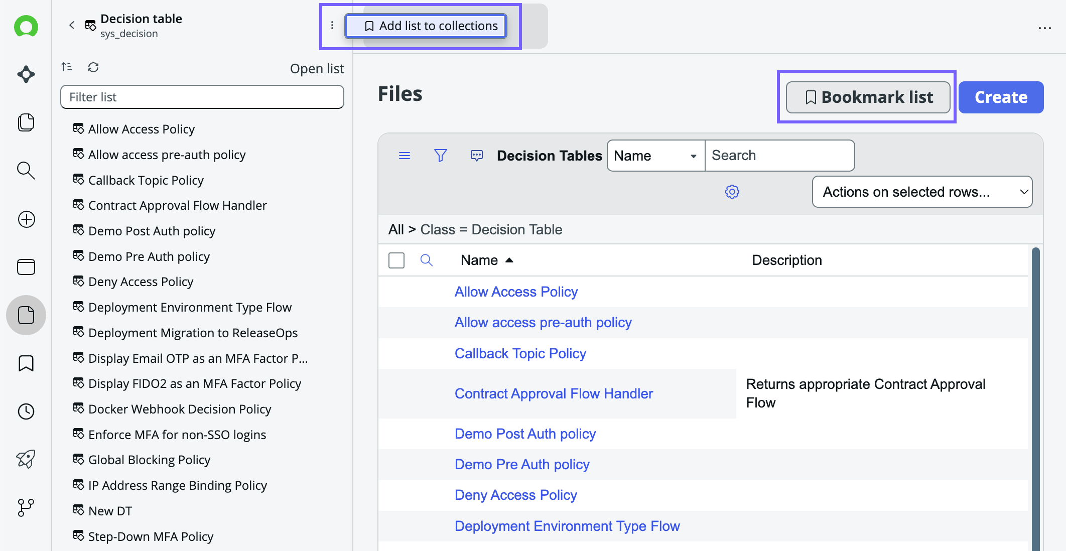 Bookmark apps, files, and lists