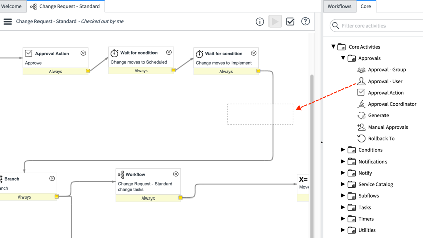 Add a transition by dragging and dropping an activity on an existing transition line.
