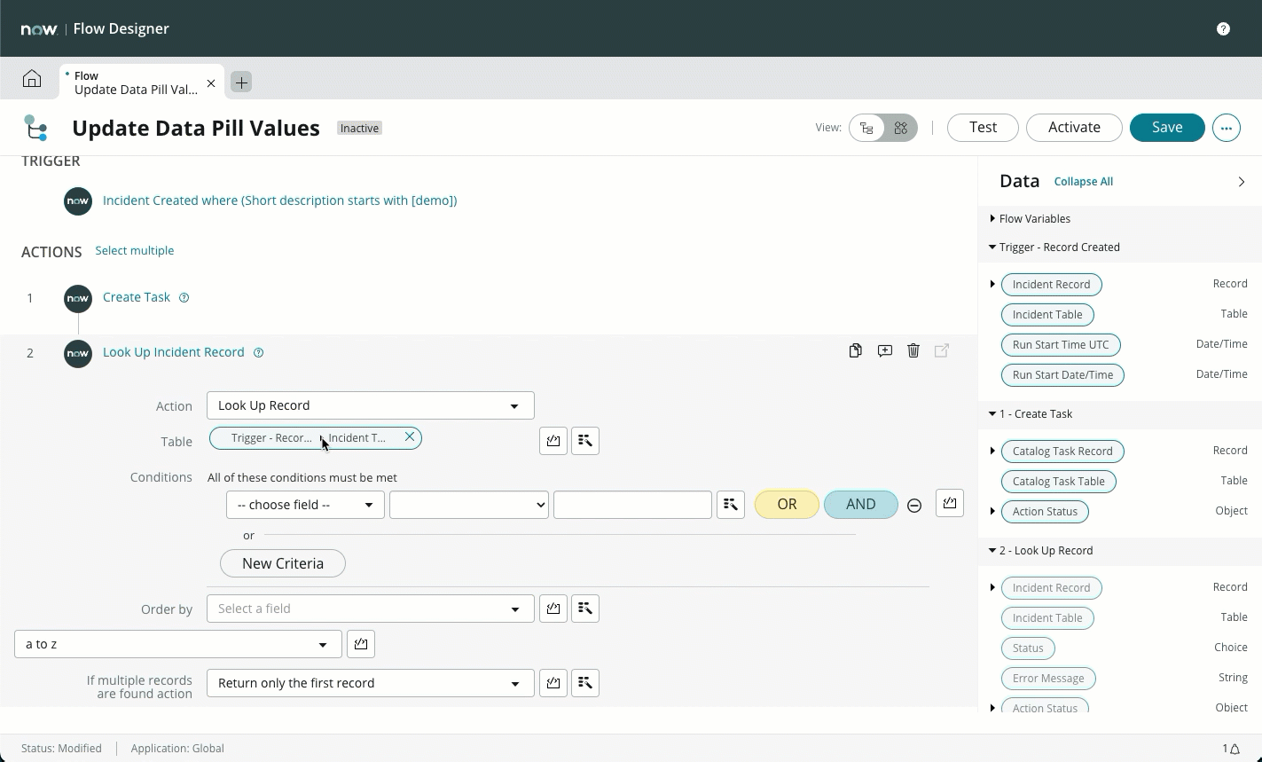 Editing an existing data pill for the Table field of the Lookup Record action. The table changes from the Incident table to the Catalog Task table.