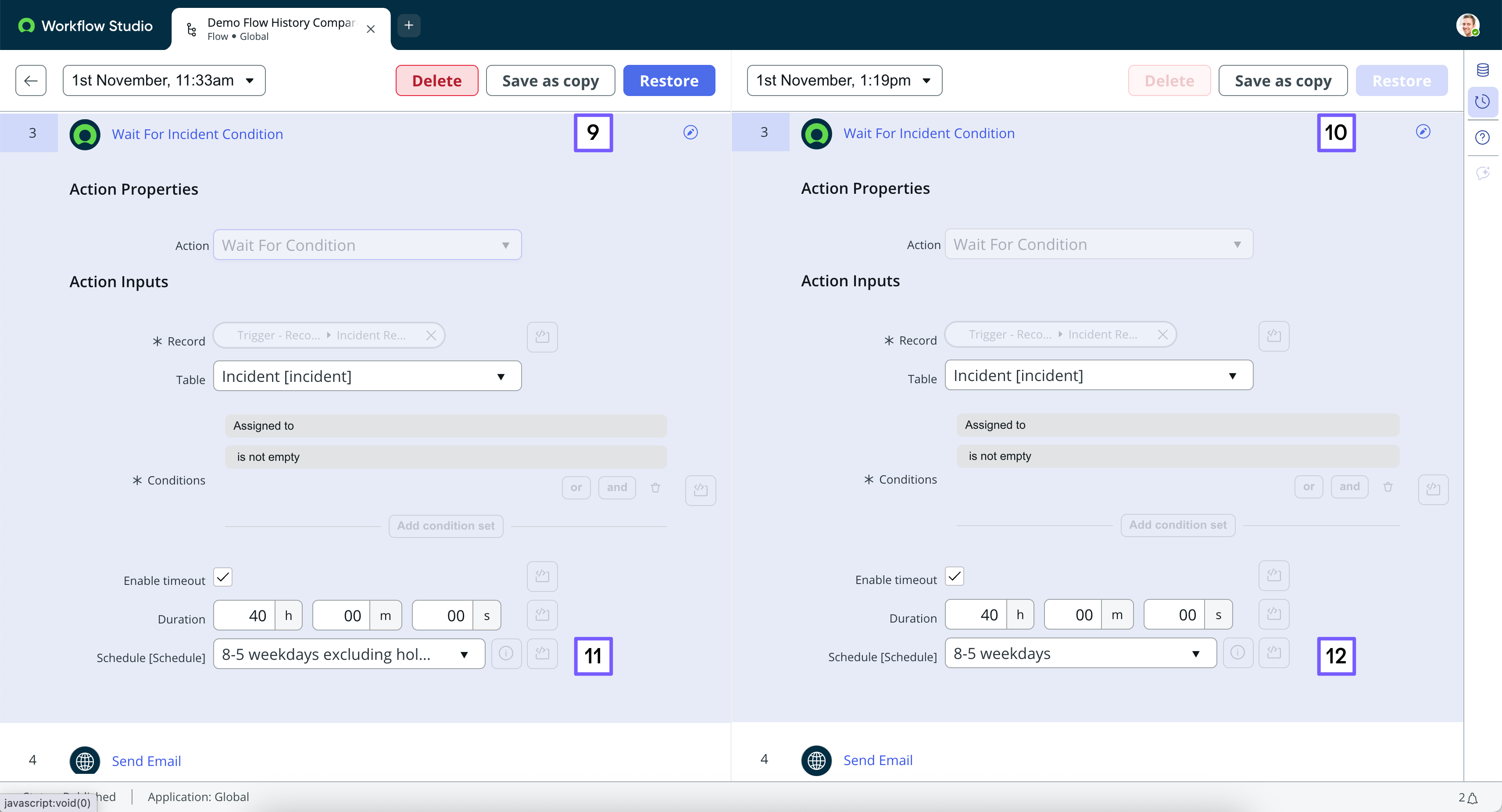Flow history compare view of changed items