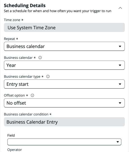 Form to specify the scheduling details for the trigger