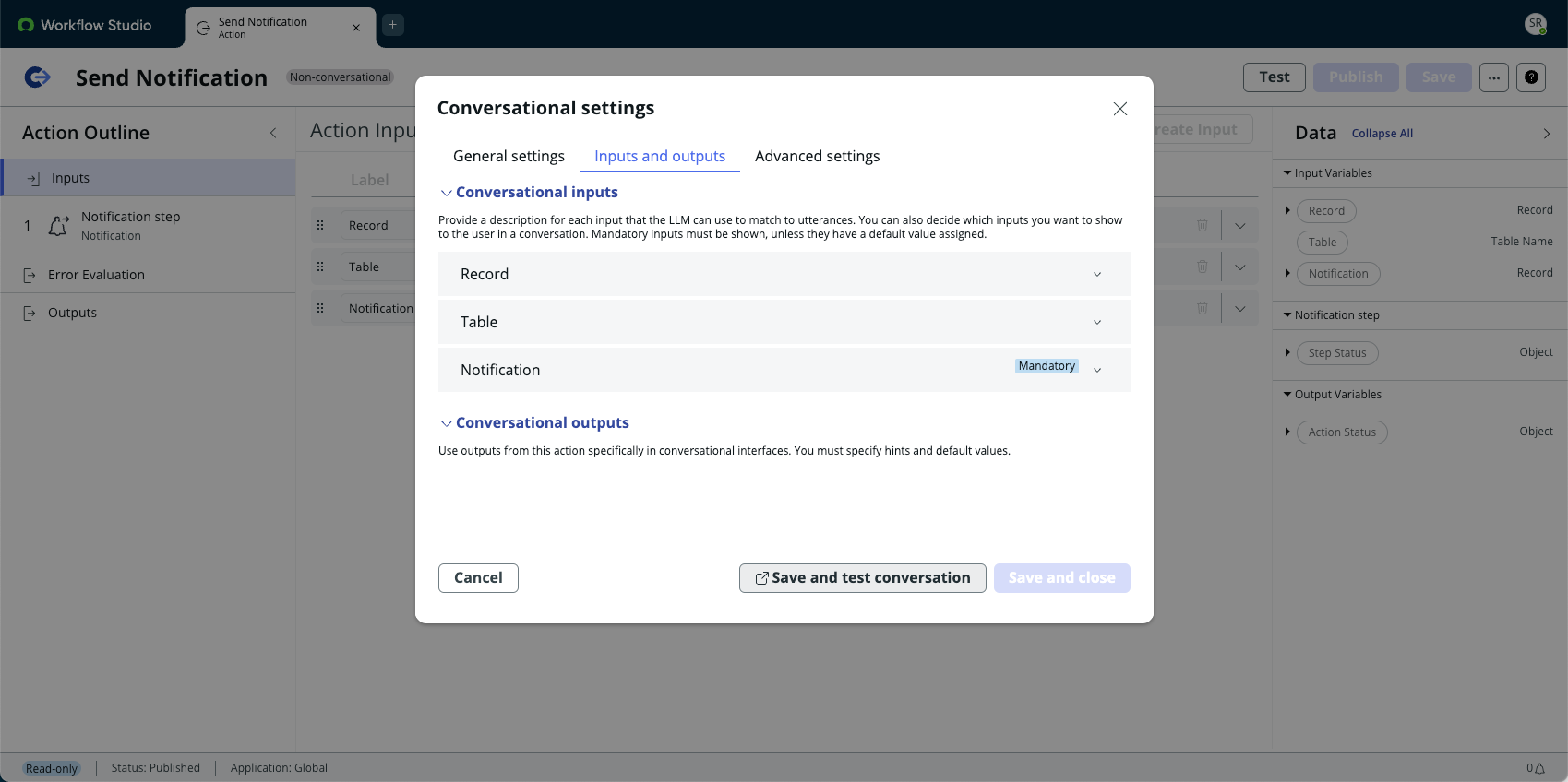 Example inputs and outputs of the Send Notification action.