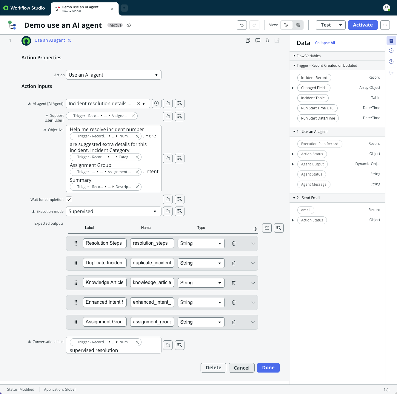 Sample input configuration of the Use an AI agent action